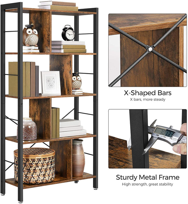 4-Tier Industrial Bookshelf Stable Iron Frame, Rustic Brown