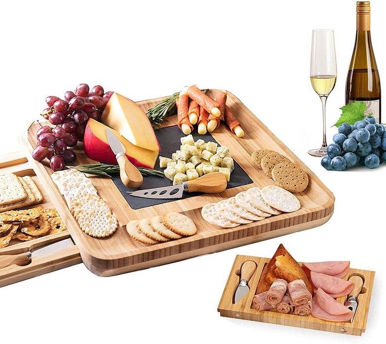 VIKUS Bamboo Cheese Board Set with Knife Set with 4 Stainless Steel Knife & Thick Wooden tray for Wine Crackers, Brie and Meat