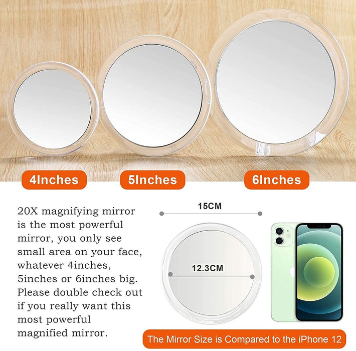 20X Magnifying Hand Mirror with Suction Cups Use for Makeup Application, Tweezing, and Blackhead/Blemish Removal (15 cm White)