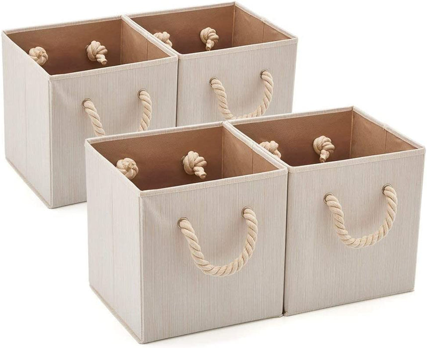 Pack of 4 Foldable Fabric Storage Cube Bins with Cotton Rope Handle and Collapsible Water Resistant Basket Box Organizer for Shelves (Beige)