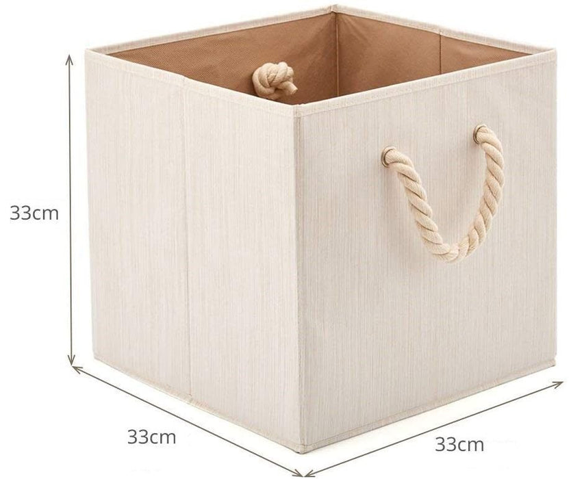 Pack of 2  Foldable Bamboo Fabric Storage Bin with Cotton Rope Handle and Collapsible Resistant Basket Box Organizer for Shelves - Beige (33 x 33 x 33 cm)