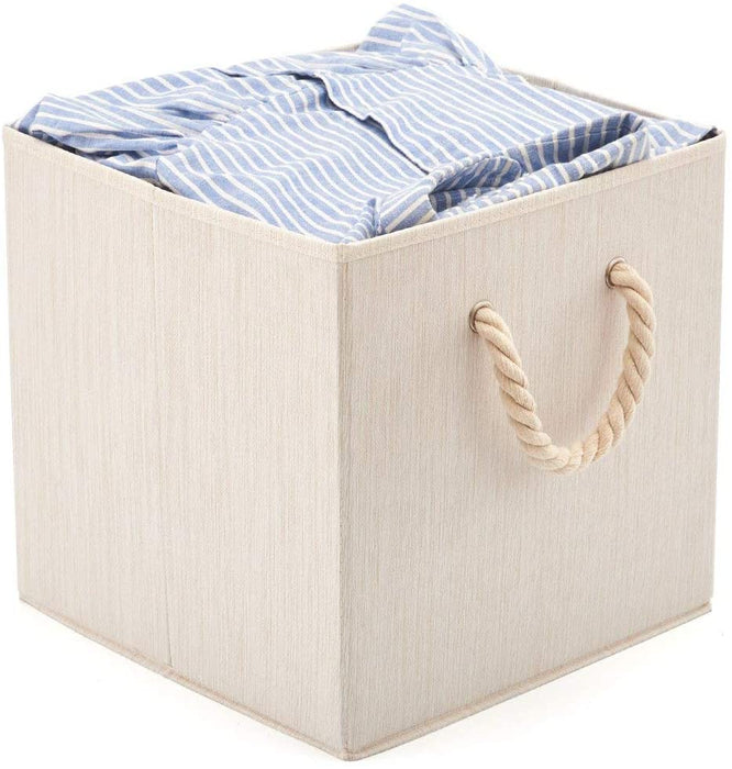 Pack of 2  Foldable Bamboo Fabric Storage Bin with Cotton Rope Handle and Collapsible Resistant Basket Box Organizer for Shelves - Beige (33 x 33 x 33 cm)