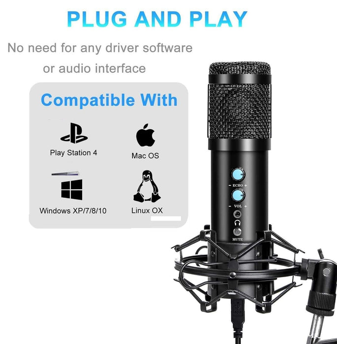 USB Condenser Microphone Kit with Adjustable Scissor Arm Stand Shock Mount for Podcasting, Gaming, Studio and Home Recording