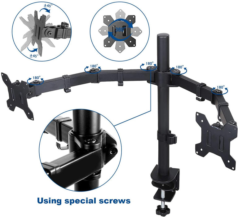 360 Degree Rotation Dual LCD LED Monitor Desk Mount Stand Fits 2 Screens Up to 27"