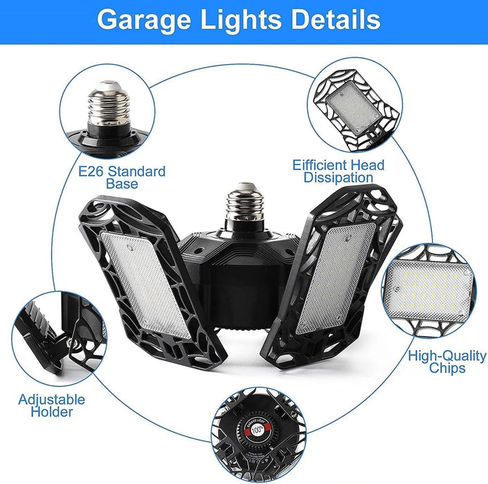 120W Ultra Bright Garage LED Deformable Ceiling Light with Adjustable Multi-Position Panels for Garage (12000LM - 6500K E26/E27)