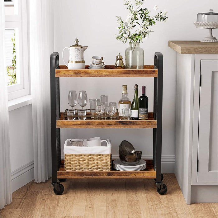 Rustic Brown Kitchen Trolley Rolling Cart with Steel Structure (66 x 26 x 85 cm)