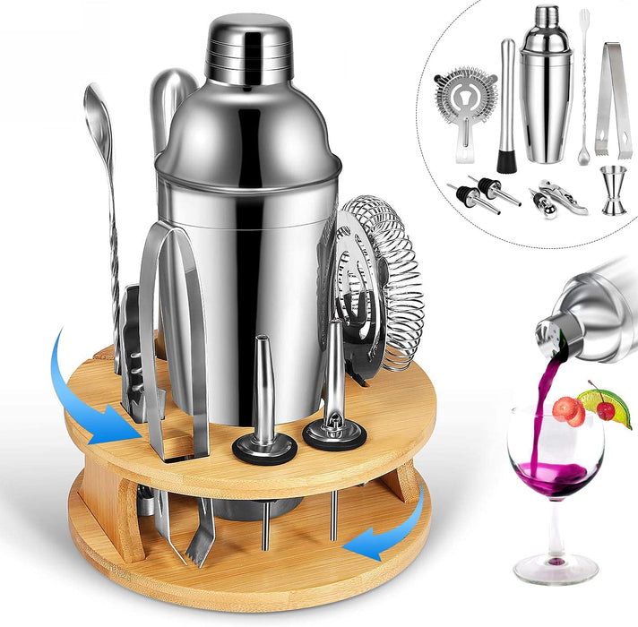 VIKUS Cocktail Shaker Set Bartender Kit with Rotating Bamboo and 10-Piece Stainless Steel Bar Tool Set