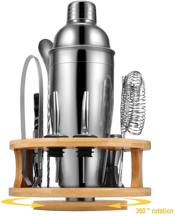 VIKUS Cocktail Shaker Set Bartender Kit with Rotating Bamboo and 10-Piece Stainless Steel Bar Tool Set