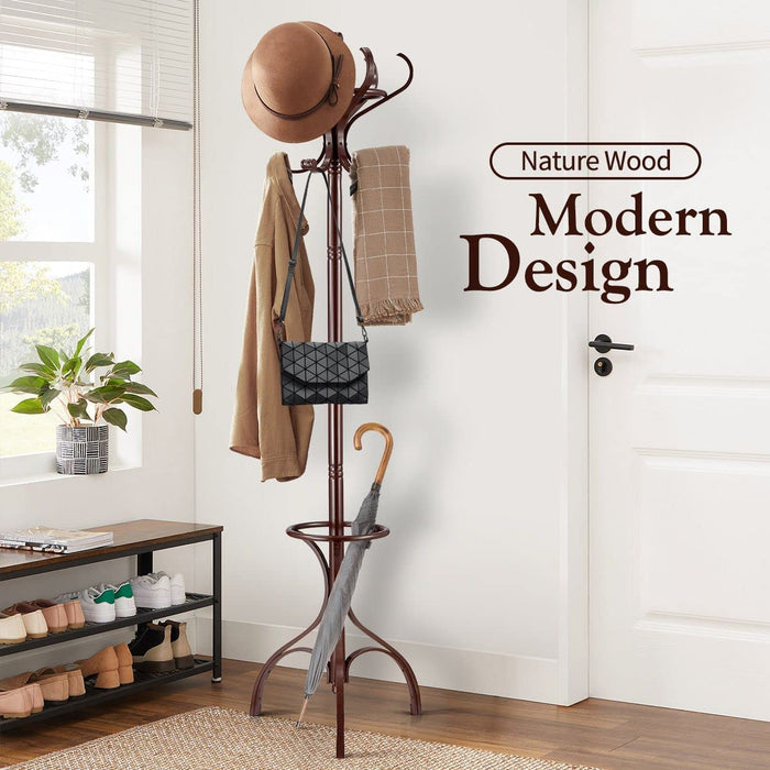 Brown Coat Rack with Stand Wooden Hat and 12 Hooks Hanger Walnut tree