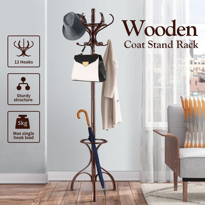 Brown Coat Rack with Stand Wooden Hat and 12 Hooks Hanger Walnut tree