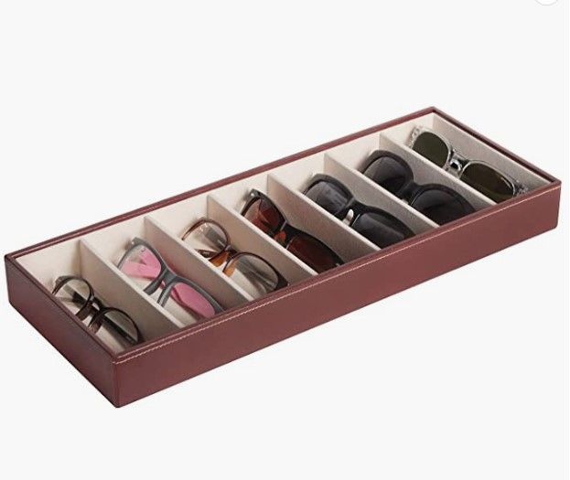 Leather Eyeglass Storage Case with 7 Compartments (Grey)