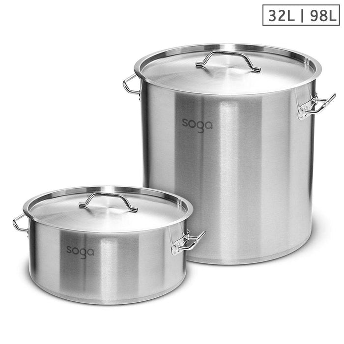 SOGA 32L Wide Stock Pot  and 98L Tall Top Grade Thick Stainless Steel Stockpot 18/10