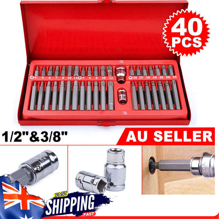 40 PCS Allen Hex Key Set Socket 3/8" & 1/2" - Short Long Deep Bit Torx Spline AU