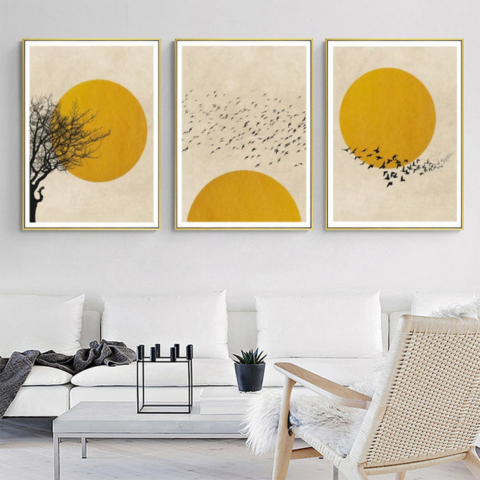 40cmx60cm Flock Of Birds Sun Silhouette 3 Sets Gold Frame Canvas Wall Art