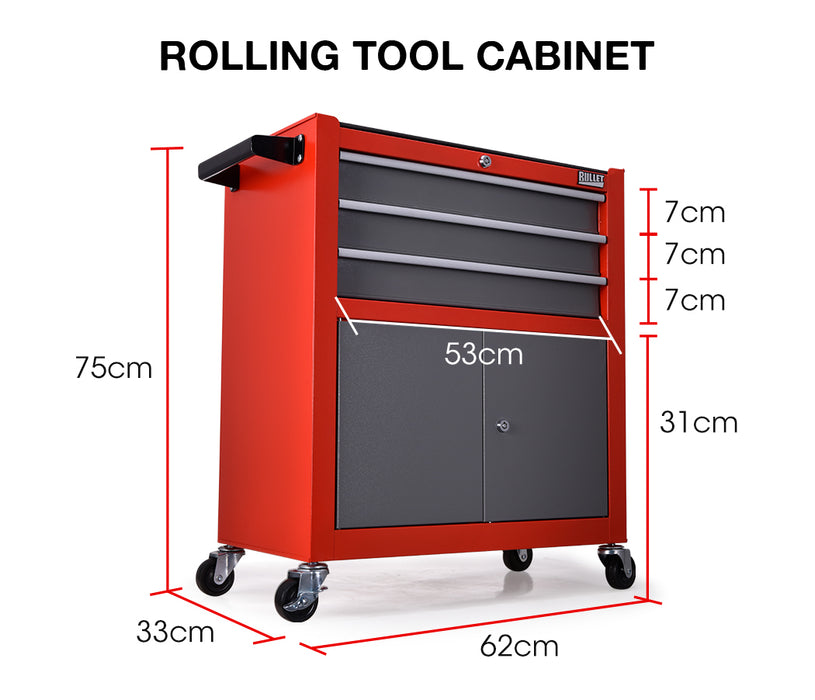 BULLET Tool Chest Cabinet Box Trolley Rolling Wheels Drawer Storage Steel Red