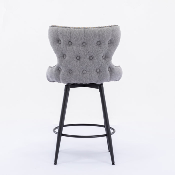 2x Swivel Bar Stools Tufted Counter Chairs with Stud Trim and Metal Base-Dark Grey