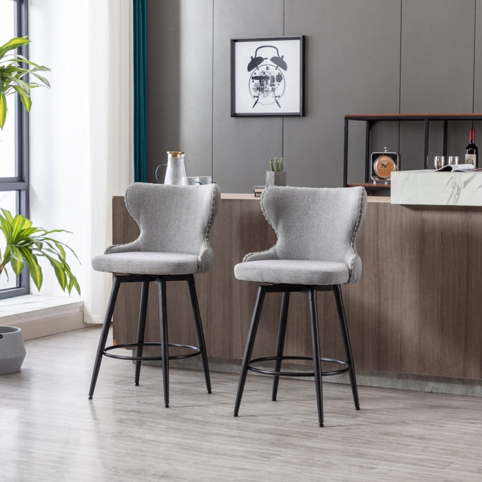 2x Swivel Bar Stools Tufted Counter Chairs with Stud Trim and Metal Base-Dark Grey