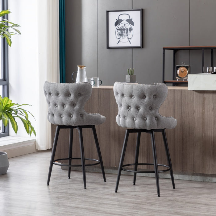 2x Swivel Bar Stools Tufted Counter Chairs with Stud Trim and Metal Base-Dark Grey