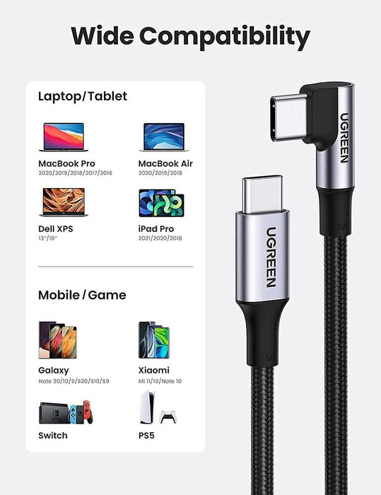 UGREEN USB-C to 90 Degree Angle USB-C M/M 5A Data Cable 2m - 70645