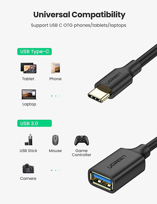 UGREEN USB-C Male to USB 3.0 Female OTG Adapter 15cm (Black) - 30701