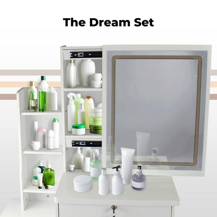 EKKIO Dressing Table White LED Mirror + Stool EK-DT-100-LD