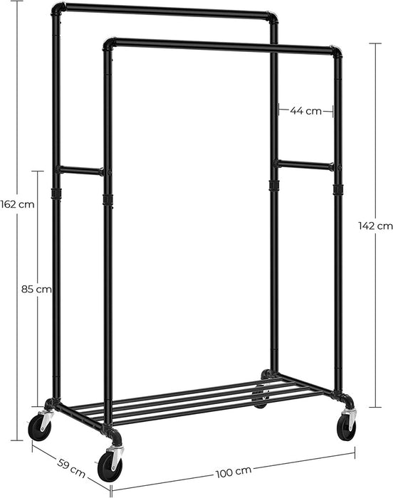 SONGMICS Industrial Pipe Clothes Rack on Wheels with Hanging Rack Organizer Black HSR60B