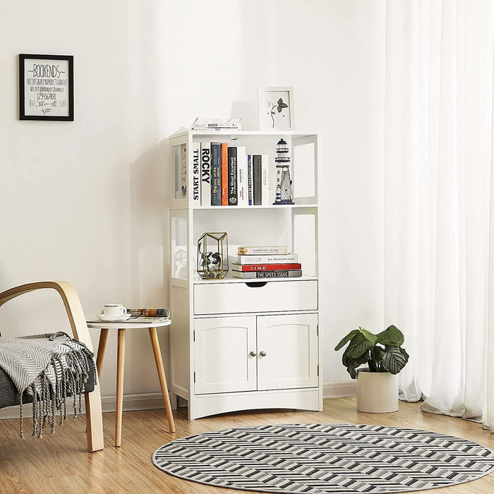 VASAGLE Floor Cabinet with Drawer 2 Open Shelves and Double Doors White BBC64WT