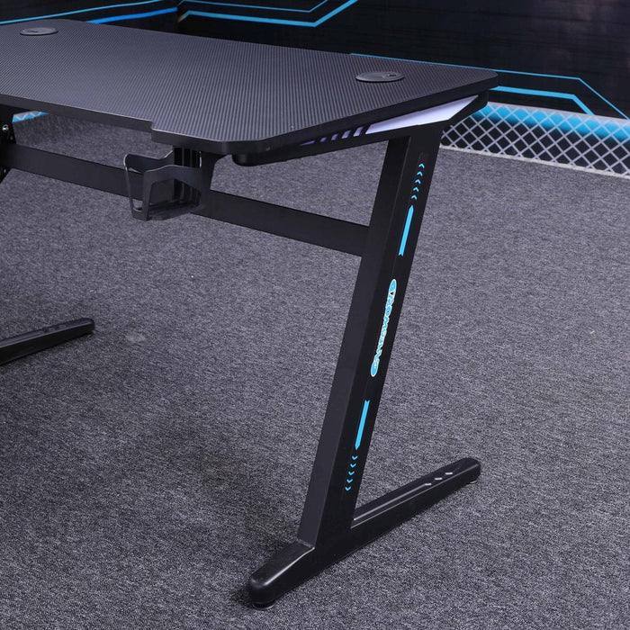 120cm RGB Embeded Gaming Desk Home Office Carbon Fiber Led Lights Game Racer Computer PC Table Z-Shaped Black