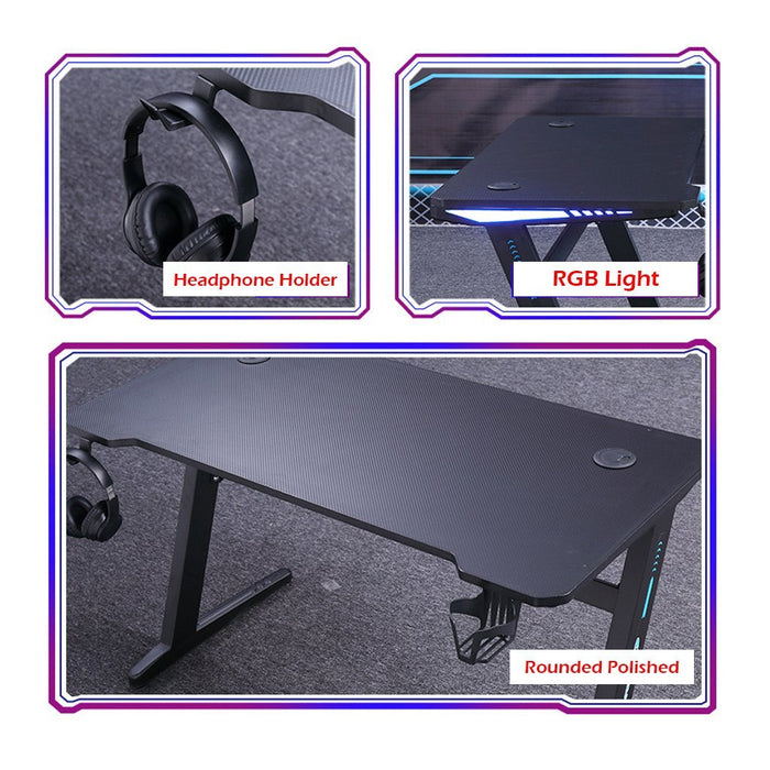 120cm RGB Embeded Gaming Desk Home Office Carbon Fiber Led Lights Game Racer Computer PC Table Z-Shaped Black