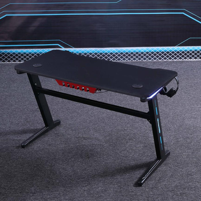 120cm RGB Embeded Gaming Desk Home Office Carbon Fiber Led Lights Game Racer Computer PC Table Z-Shaped Black