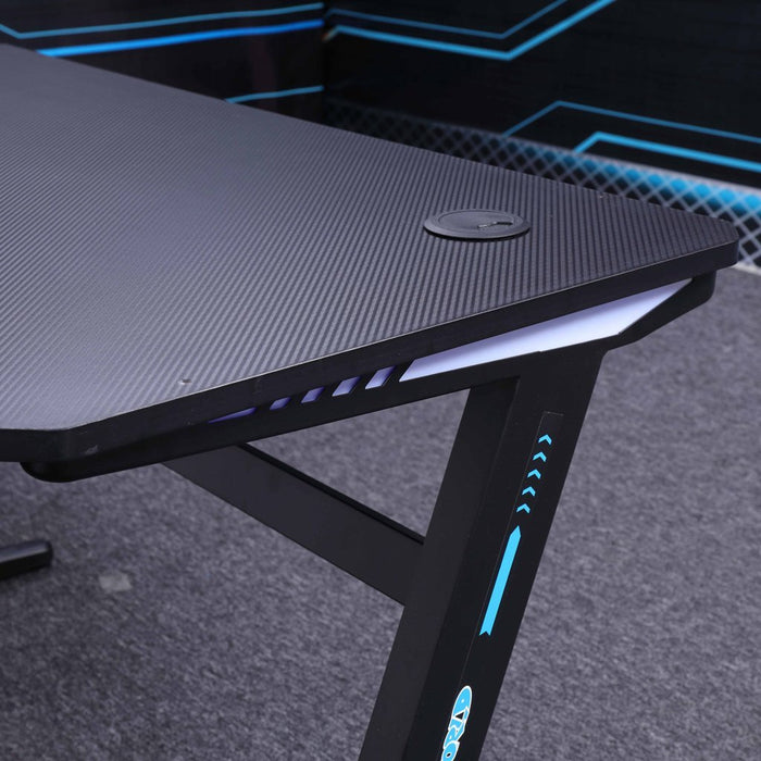 120cm RGB Embeded Gaming Desk Home Office Carbon Fiber Led Lights Game Racer Computer PC Table Z-Shaped Black