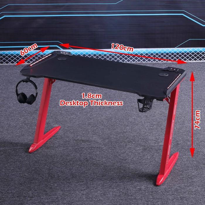 120cm RGB Gaming Desk Home Office Carbon Fiber Led Lights Game Racer Computer PC Table Z-Shaped Red