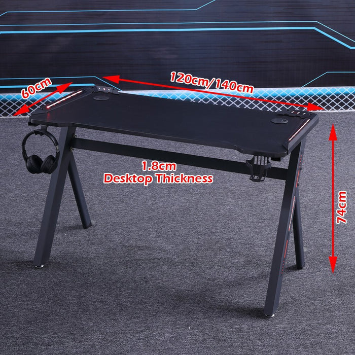 120cm RGB Gaming Desk Home Office Carbon Fiber Led Lights Game Racer Computer PC Table Y-Shaped Black