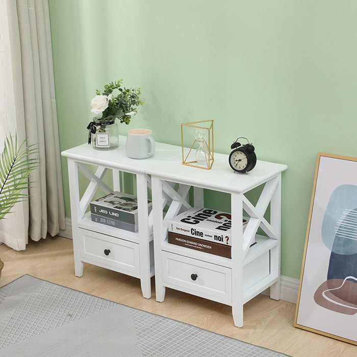 2-tier Bedside Table with Storage Drawer 2 PC - Rustic White