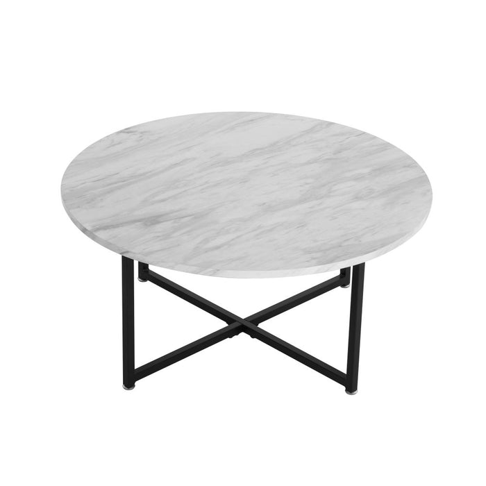 White Marble Effect Round Coffee Table with Black Legs