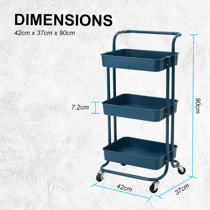 Kandoka 3 Tier Blue Trolley Cart Storage Utility Rack Organiser Swivel Kitchen