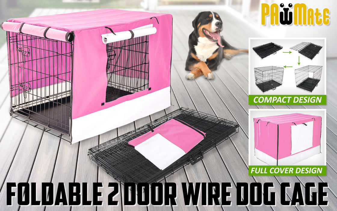 Paw Mate Wire Dog Cage Foldable Crate Kennel 24in with Tray + Pink Cover Combo