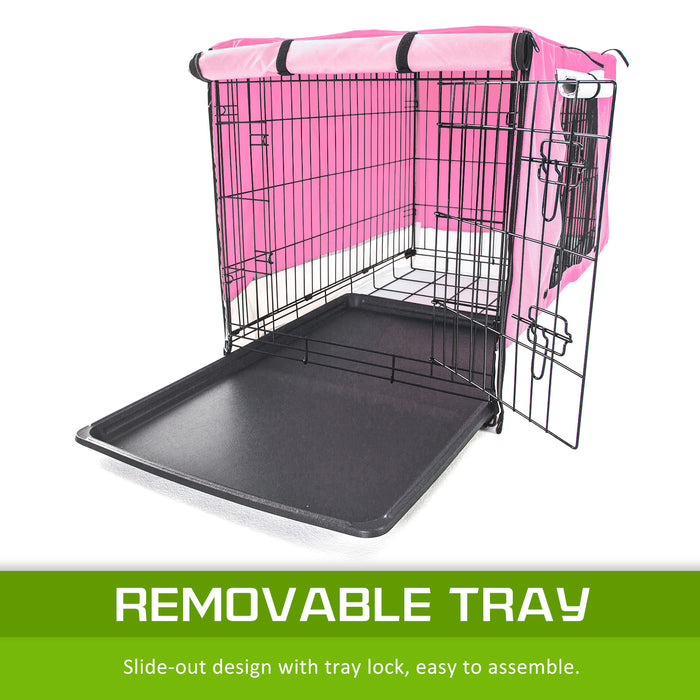 Paw Mate Wire Dog Cage Foldable Crate Kennel 24in with Tray + Pink Cover Combo