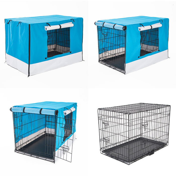 Paw Mate Wire Dog Cage Foldable Crate Kennel 36in with Tray + Blue Cover Combo