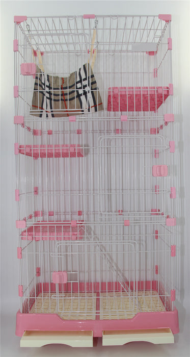 146 cm Pink Pet 4 Level Cat Cage House With Litter Tray & Wheel 72x47x146 cm