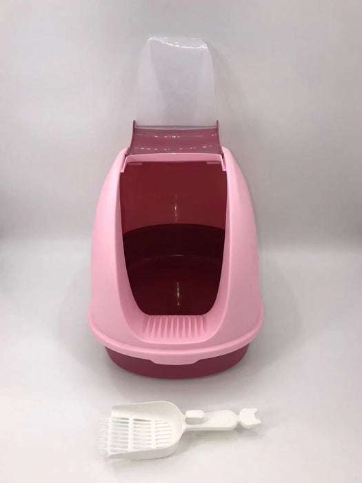 Portable Hooded Cat Toilet Litter Box Tray House with Handle and Scoop Pink