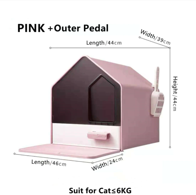 L Portable Hooded Cat Toilet Litter Box Tray House with Drawer and Scoop-Pink