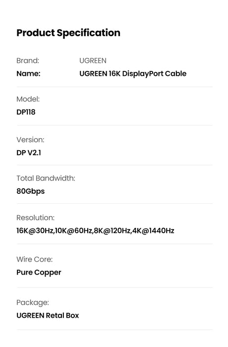 UGREEN 15384 16K Displayport 2.1 Male to Male VESA Certified Cable 2M
