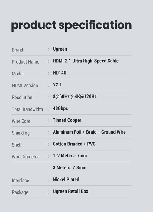 UGREEN 60633 8K 60 HZ HDMI 2.1 A M/M Cable with Braided 10M