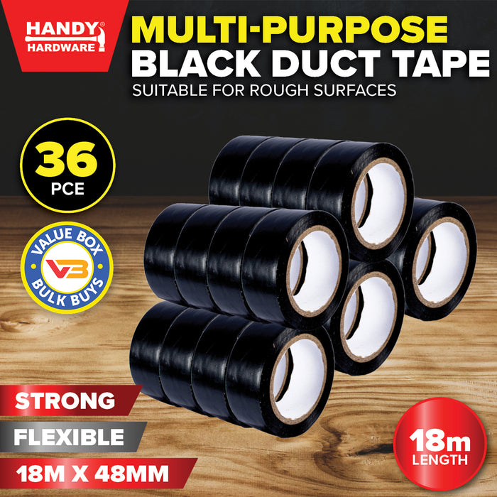 Handy Hardware 36PCE Heavy Duty Duct Tape Black Flexible Multipurpose 18m