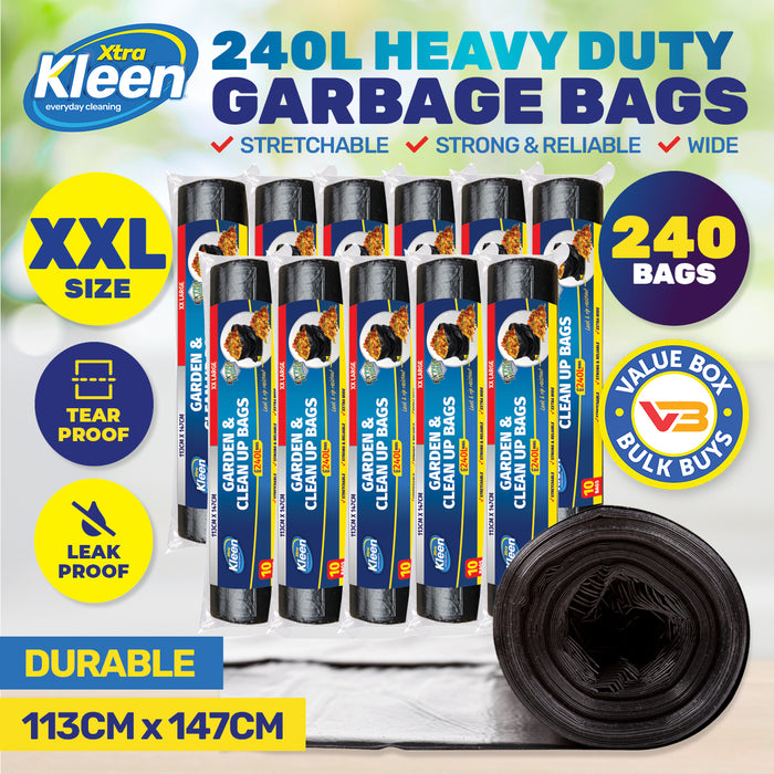 Xtra Kleen 240PCE 240L Garbage Bin Liners XXL Tear & Leak Proof 113 x 147cm