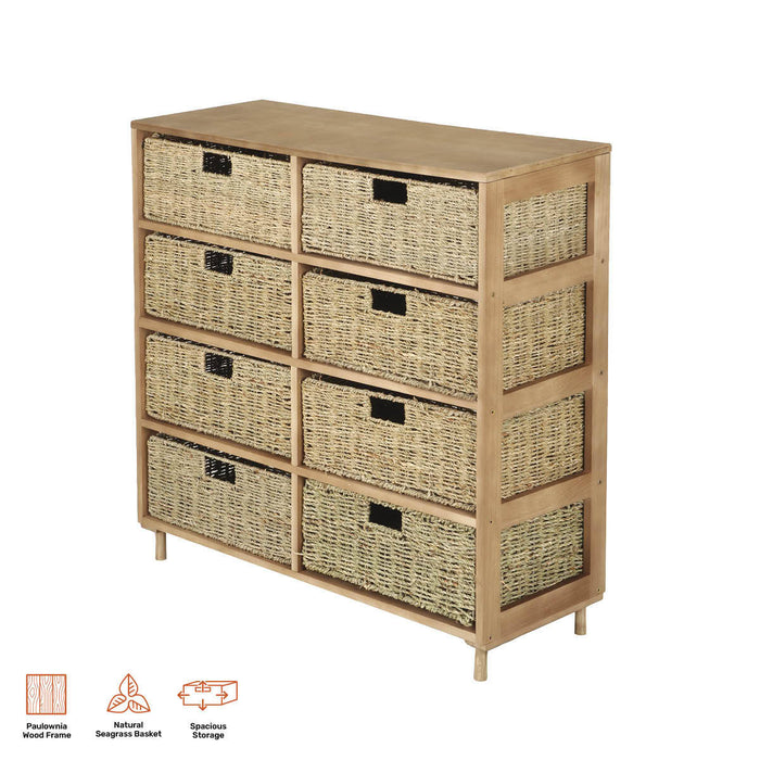 Home Master 8 Drawer Natural Seagrass Wooden Storage Chest Stylish 85cm