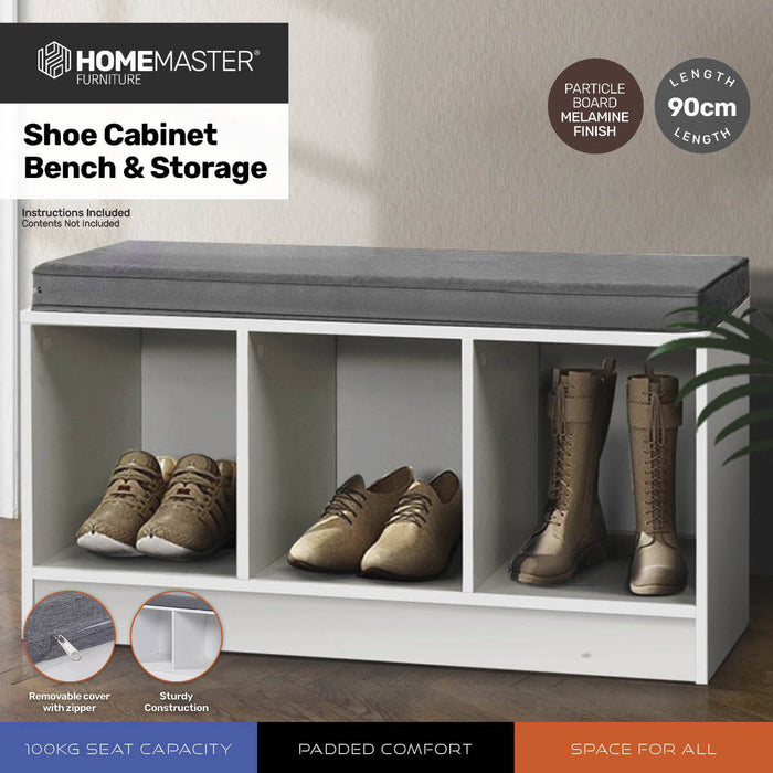 Home Master Storage/Shoe Bench With Padded Cushion Seating 90cm