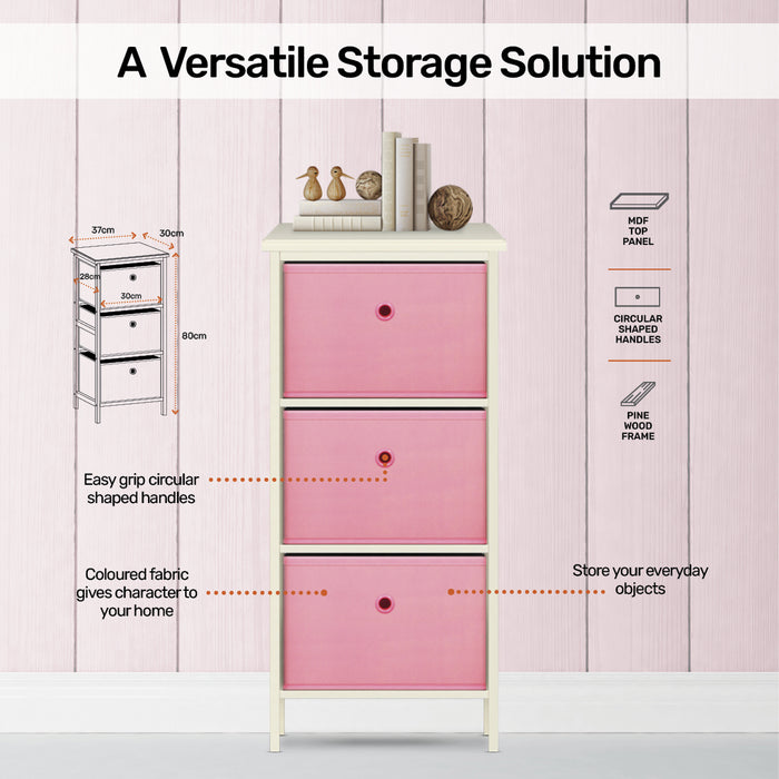 Home Master 3 Drawer Pine Wood Storage Chest Pink Fabric Baskets 70 x 80cm