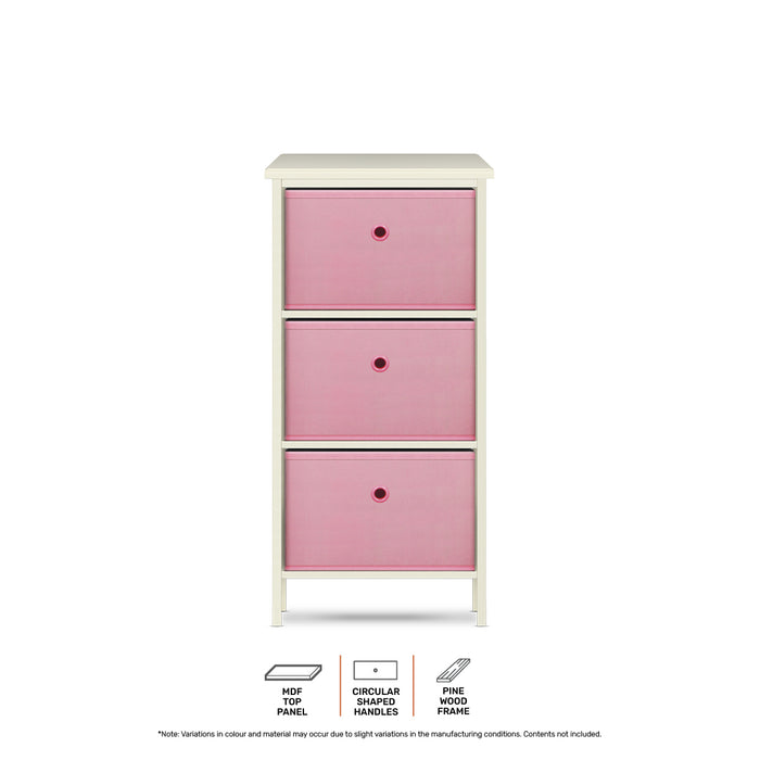 Home Master 3 Drawer Pine Wood Storage Chest Pink Fabric Baskets 70 x 80cm